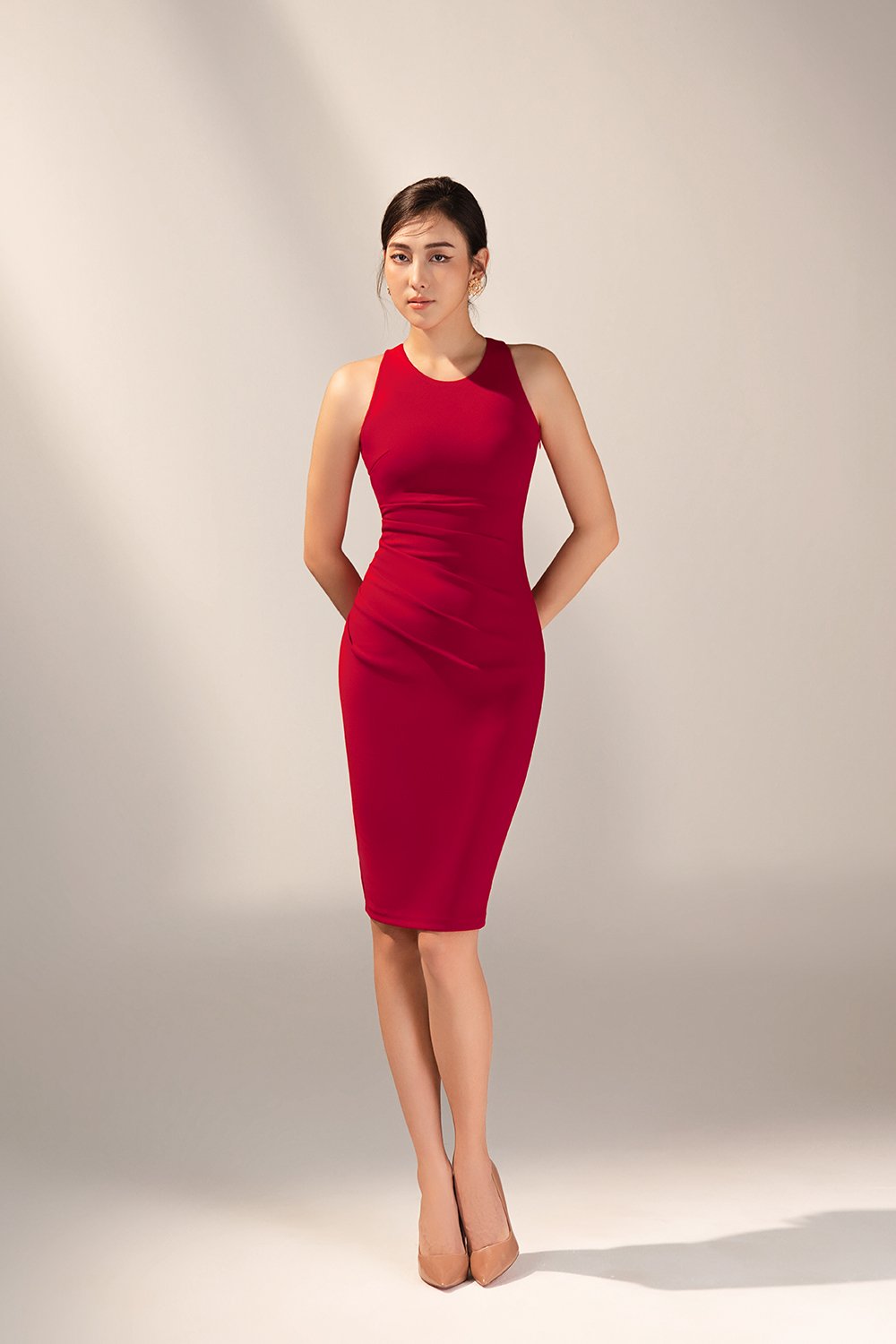 Kiara Padded Crossover Ruched Dress in True Red