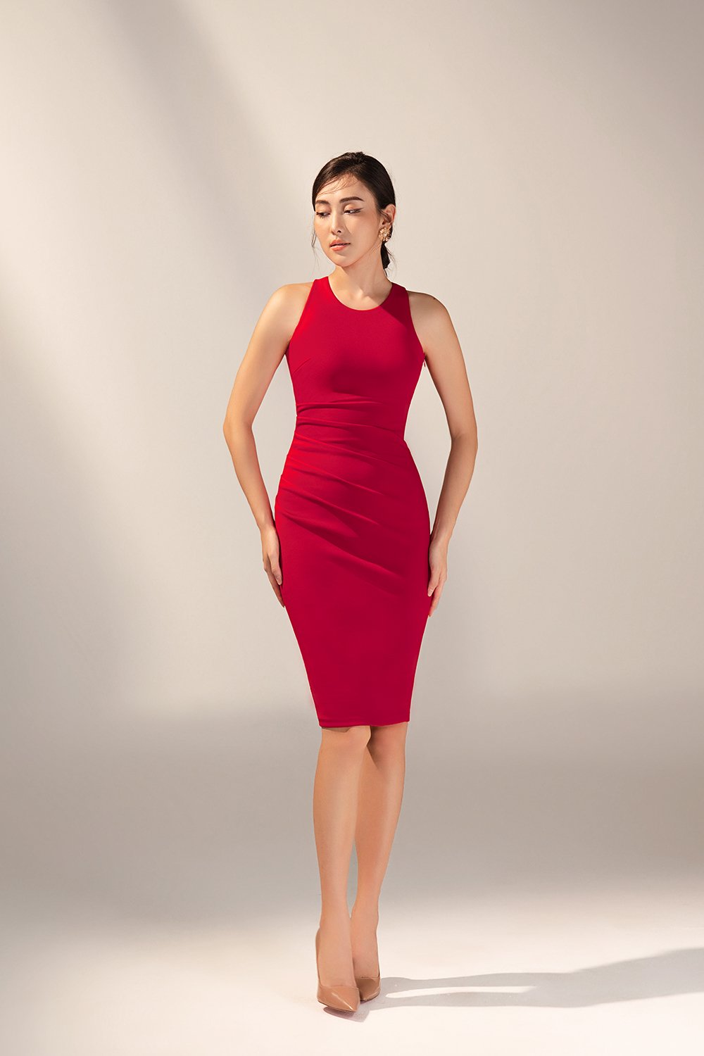 Kiara Padded Crossover Ruched Dress in True Red