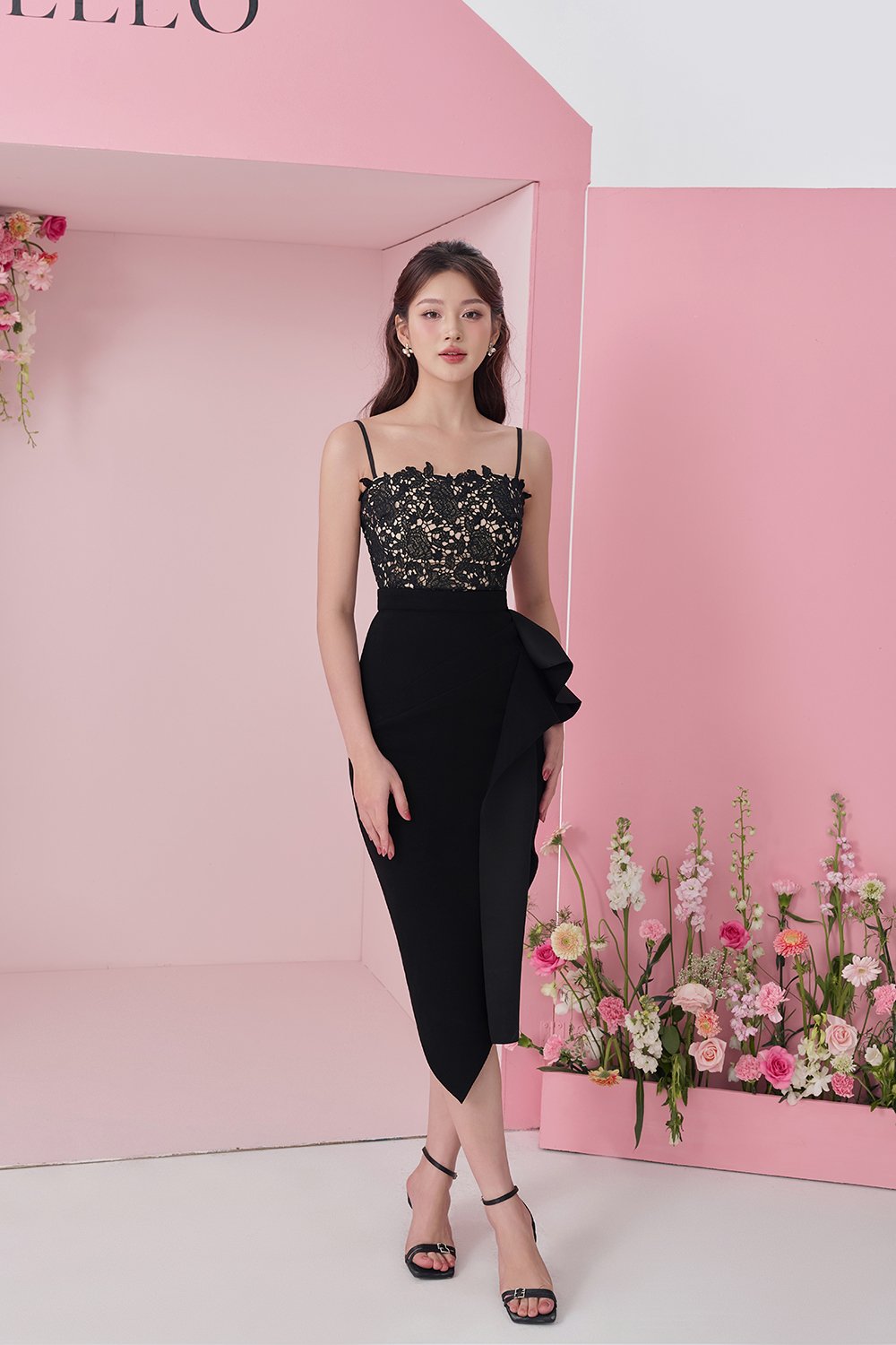 Leona Asymmetric Origami Midi Skirt in Classic Black