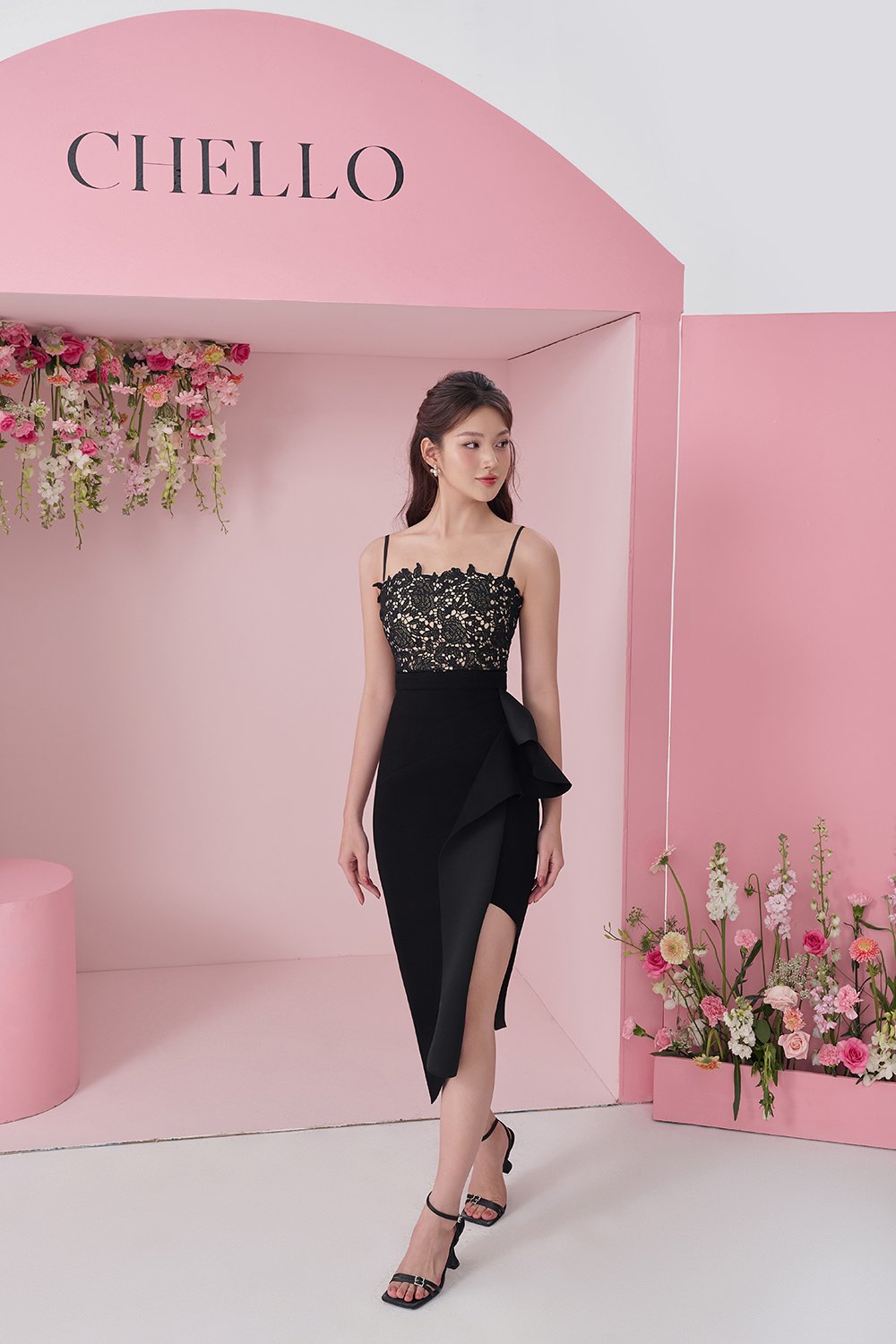 Leona Asymmetric Origami Midi Skirt in Classic Black