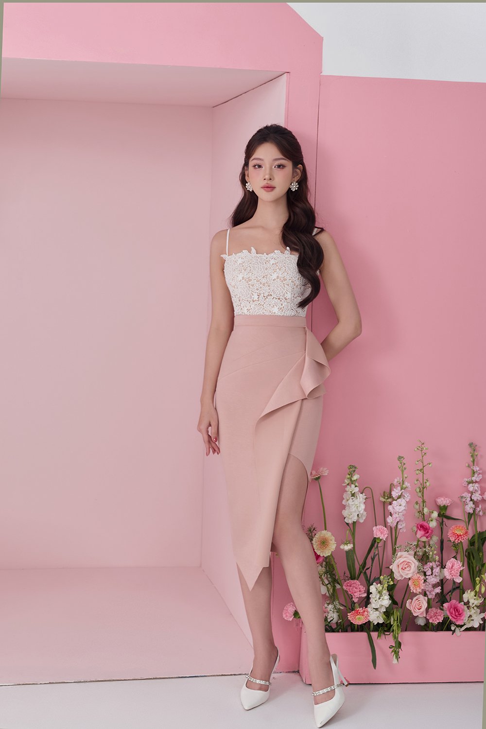 Leona Asymmetric Origami Midi Skirt in Nude Rose