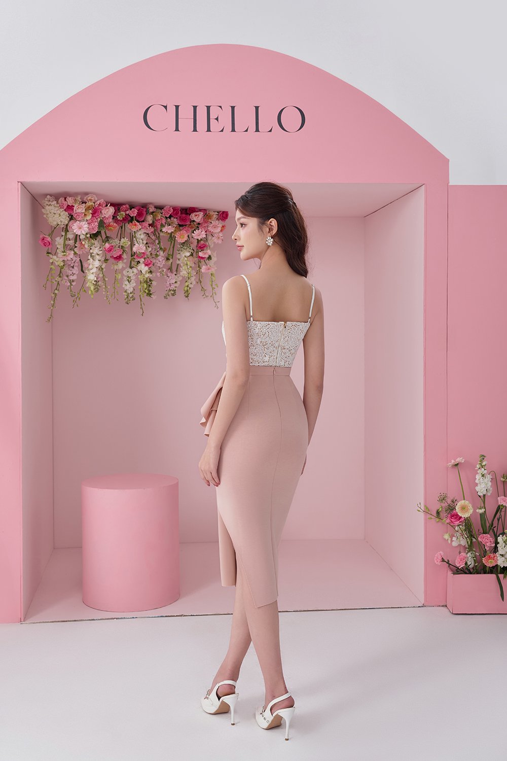 Leona Asymmetric Origami Midi Skirt in Nude Rose