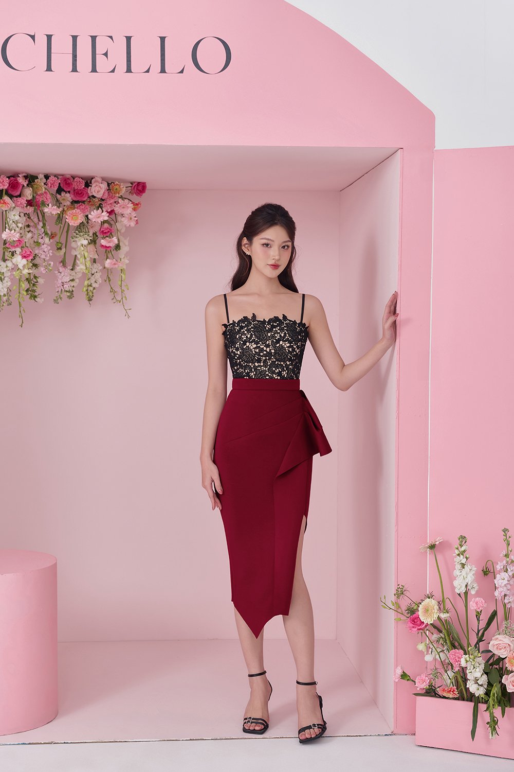 Leona Asymmetric Origami Midi Skirt in Wine Red