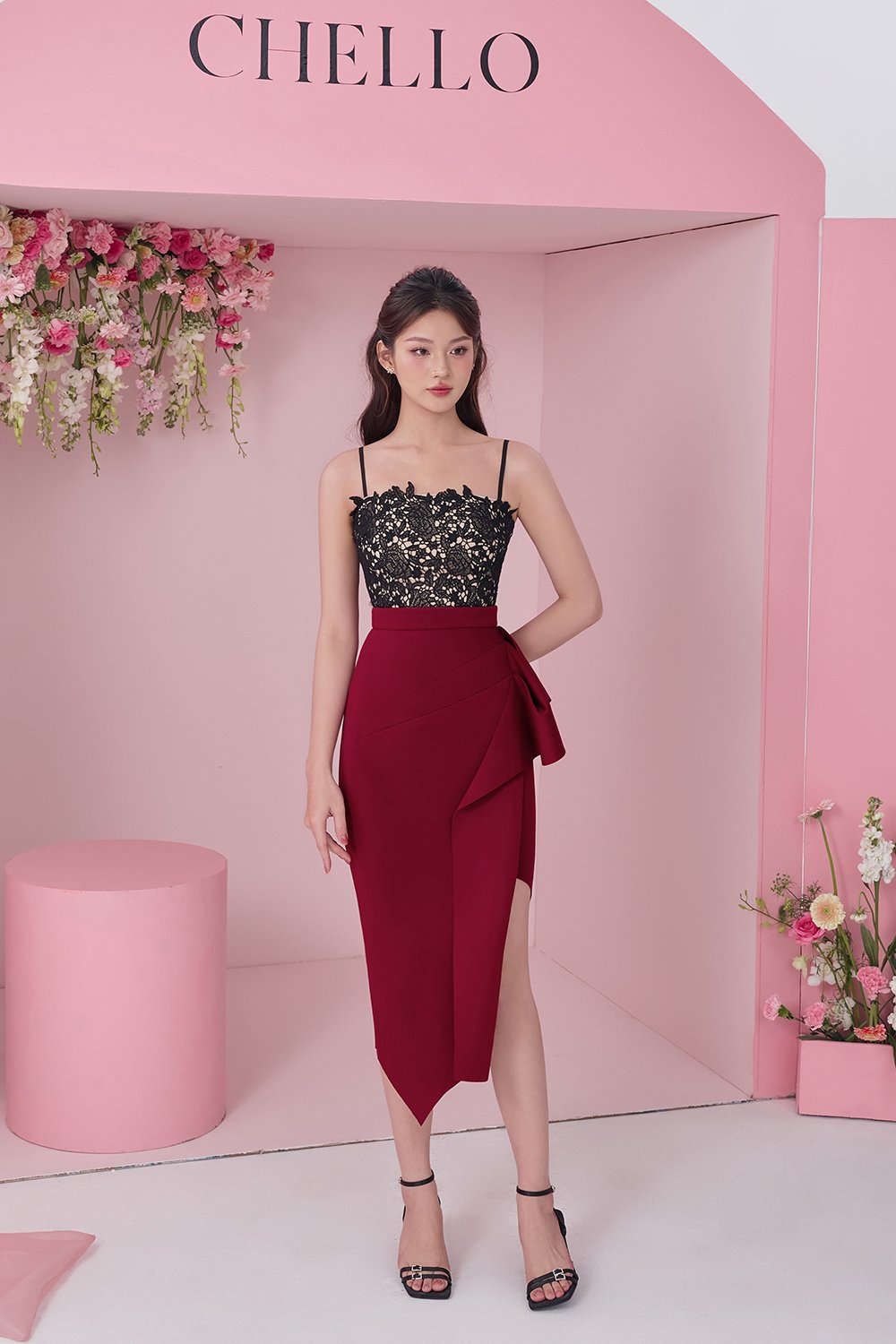 Leona Asymmetric Origami Midi Skirt in Wine Red