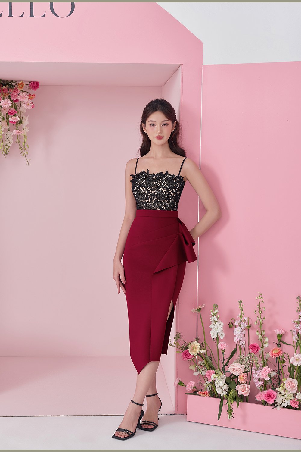 Leona Asymmetric Origami Midi Skirt in Wine Red