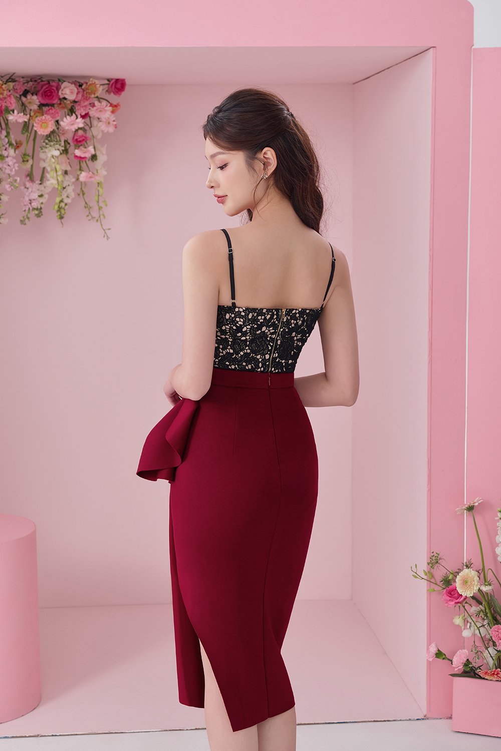 Leona Asymmetric Origami Midi Skirt in Wine Red
