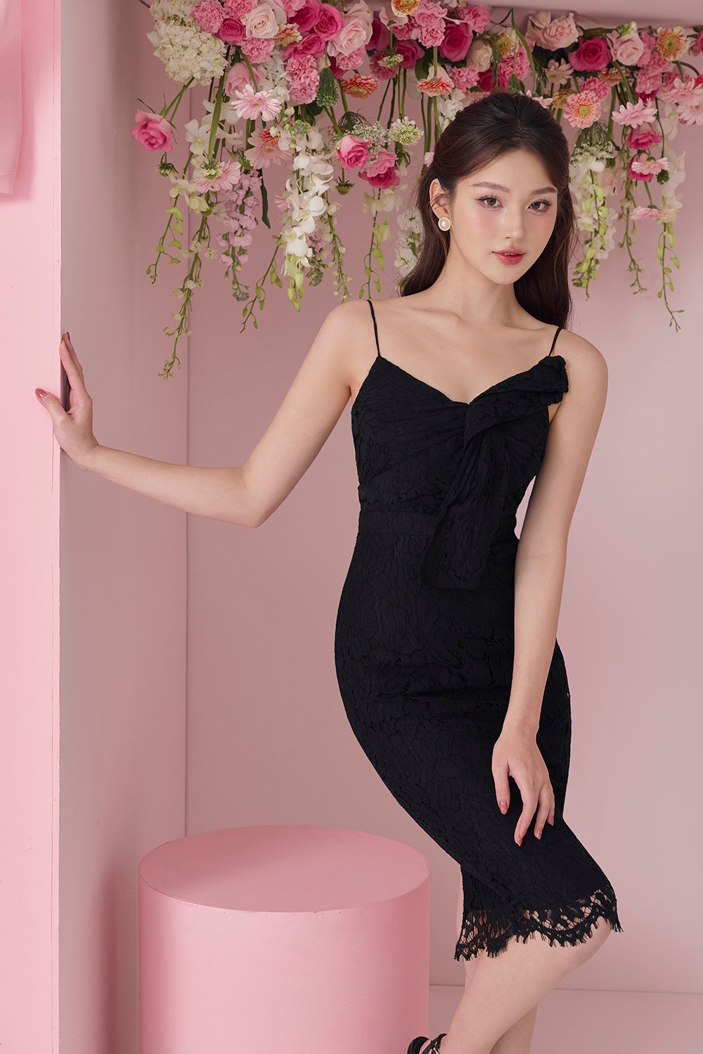 Lovella Twisted Bow Lace Pencil Dress in Classic Black