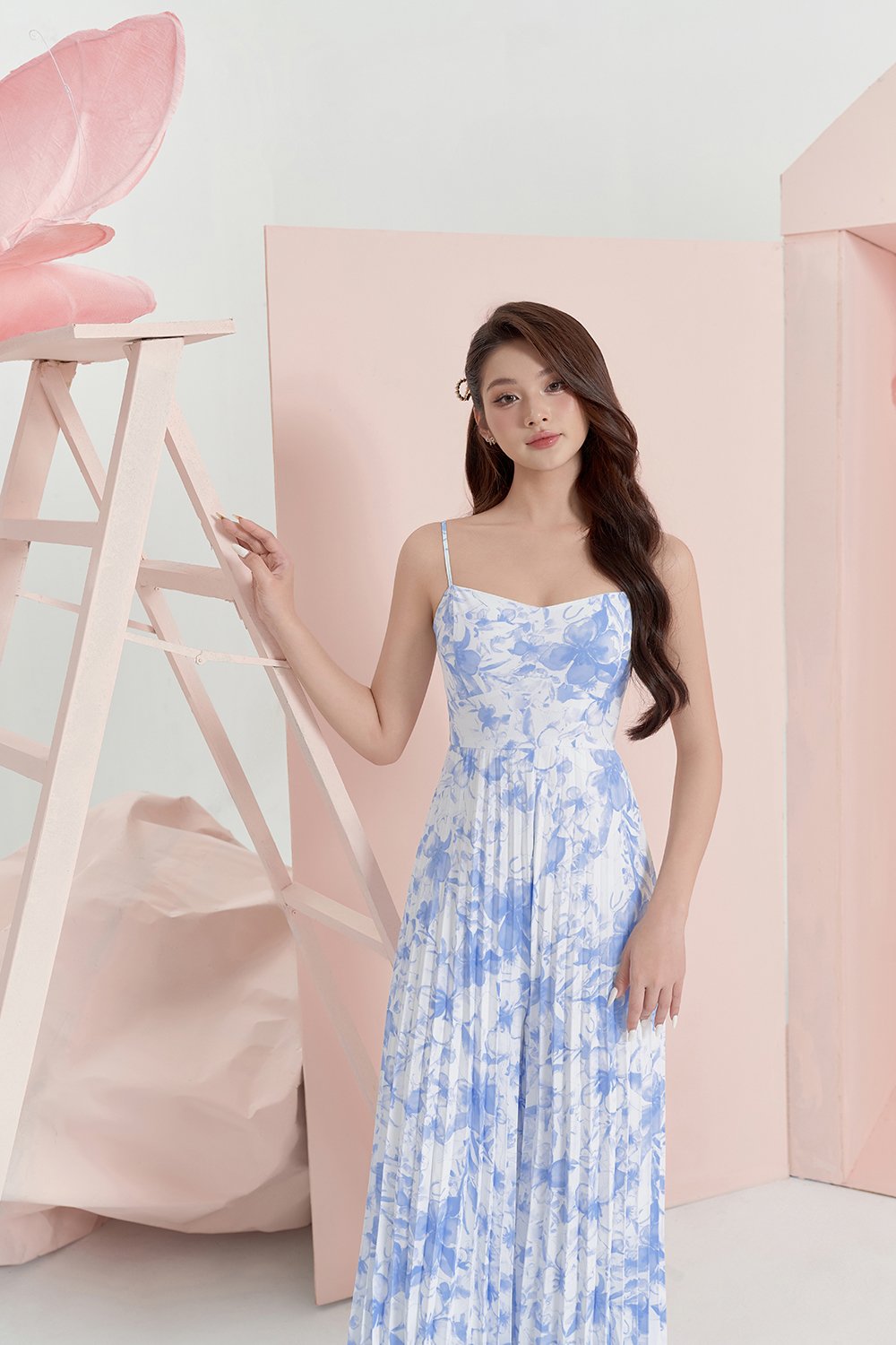 Sabine Sweetheart Pleated Jumpsuit in Azure Blue/Iconic White