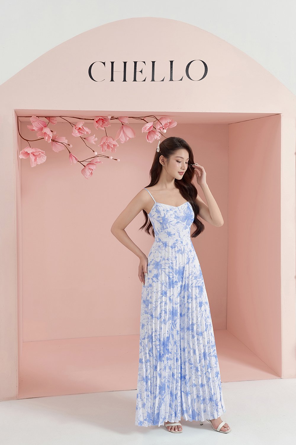 Sabine Sweetheart Pleated Jumpsuit in Azure Blue/Iconic White