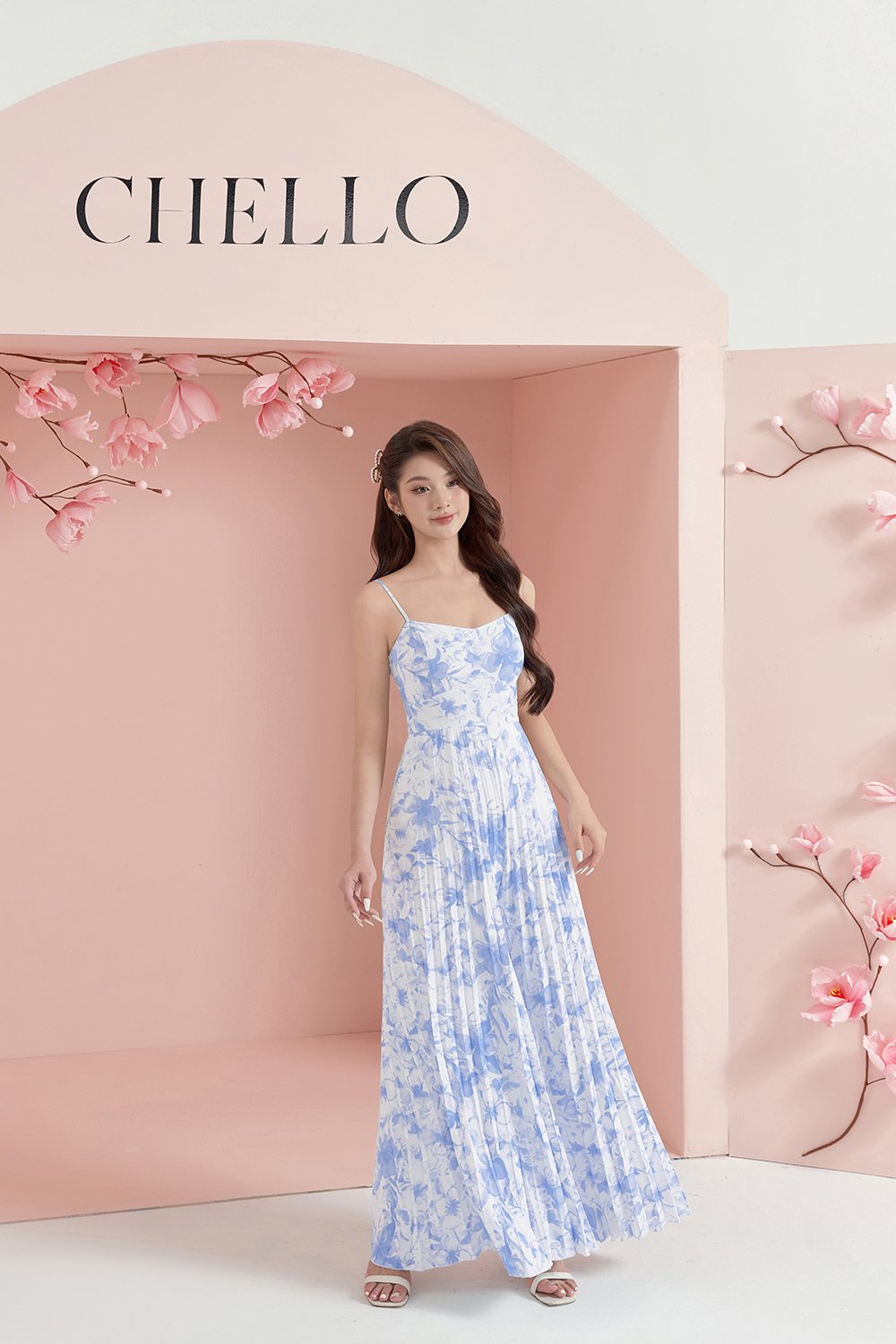 Sabine Sweetheart Pleated Jumpsuit in Azure Blue/Iconic White