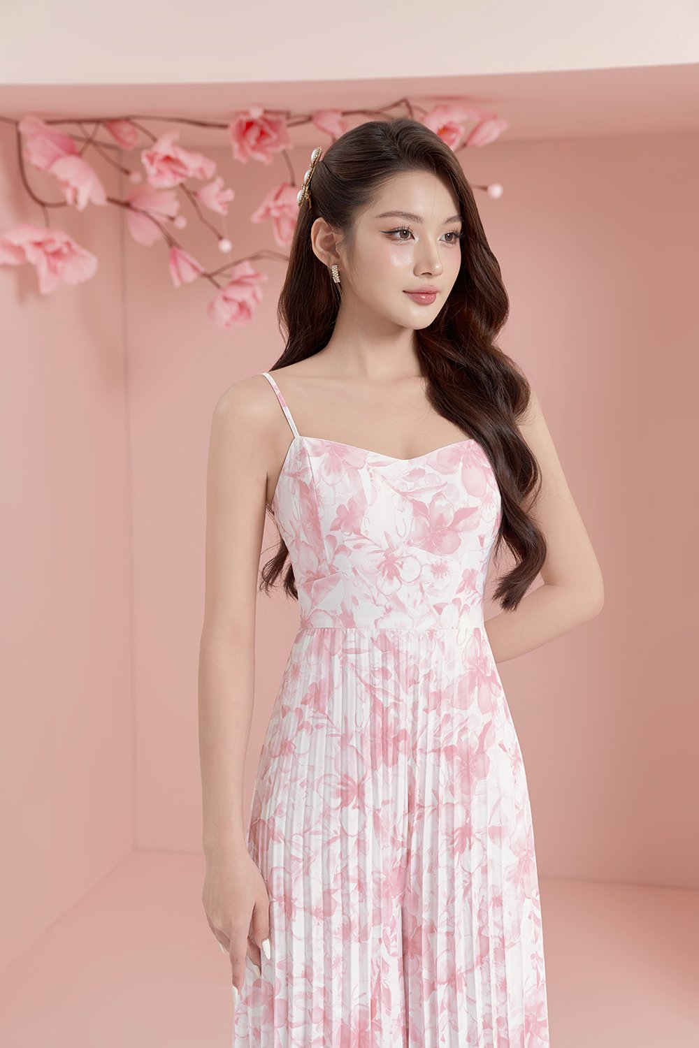 Sabine Sweetheart Pleated Jumpsuit in French Rose/Iconic White