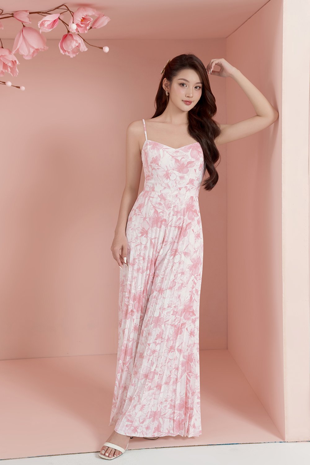 Sabine Sweetheart Pleated Jumpsuit in French Rose/Iconic White