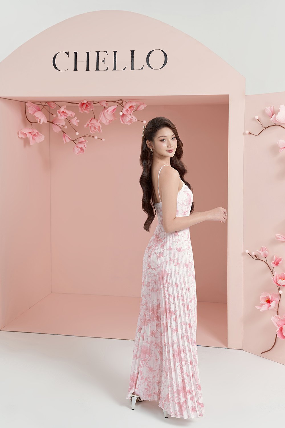 Sabine Sweetheart Pleated Jumpsuit in French Rose/Iconic White