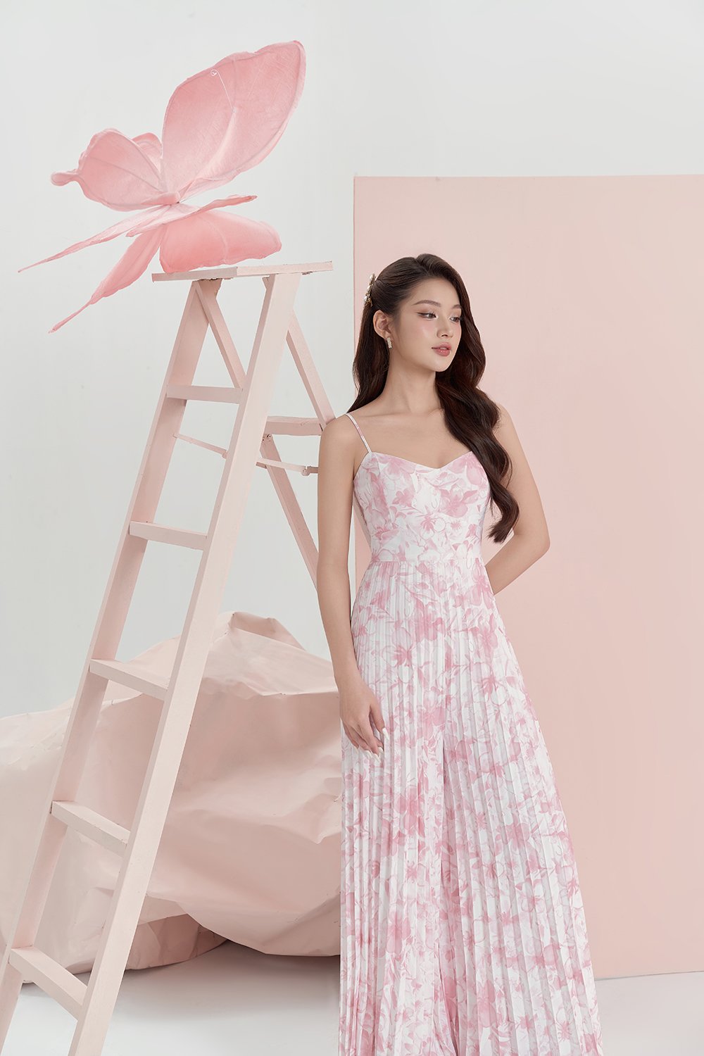 Sabine Sweetheart Pleated Jumpsuit in French Rose/Iconic White