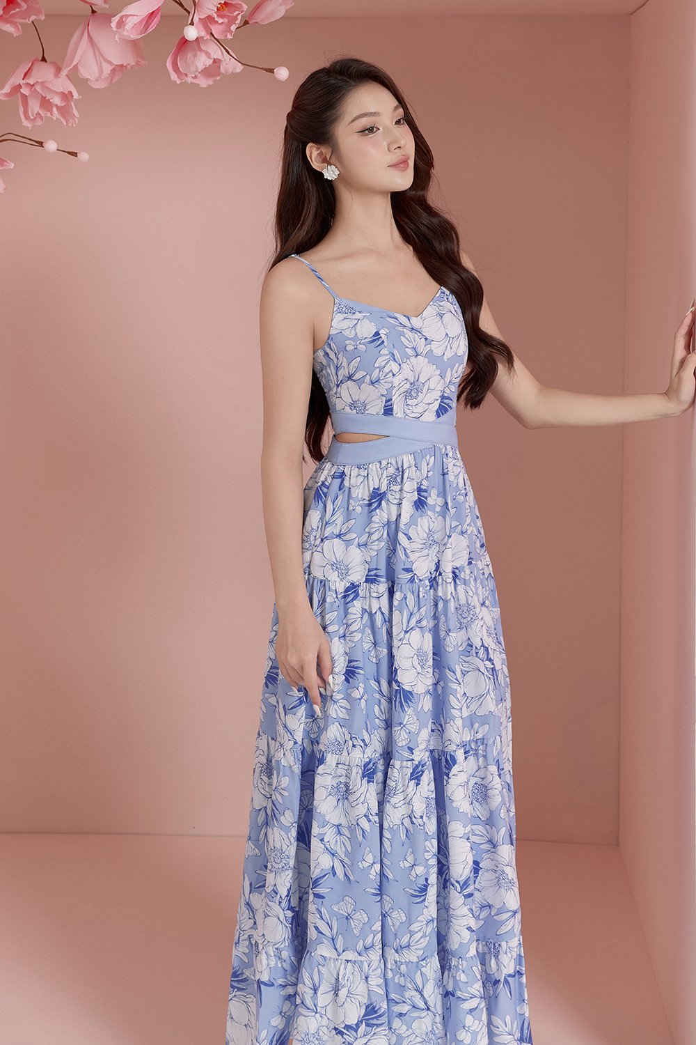 Scarlett Cut-Out Maxi Dress in Creamy Blue Blooming Garden Print