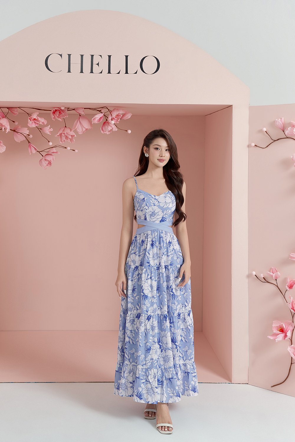 Scarlett Cut-Out Maxi Dress in Creamy Blue Blooming Garden Print