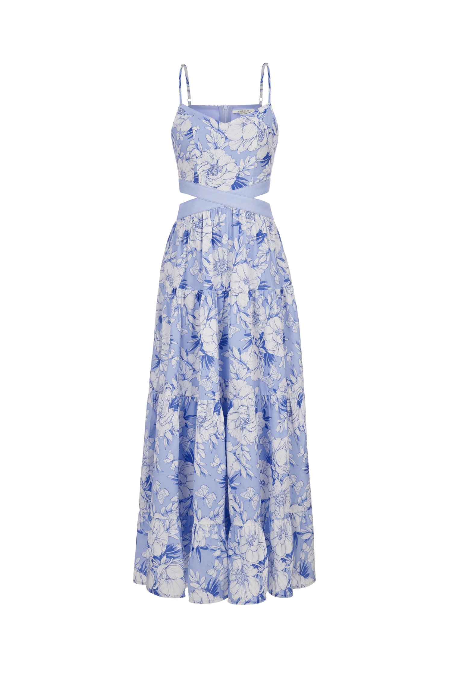 Scarlett Cut-Out Maxi Dress in Creamy Blue Blooming Garden Print