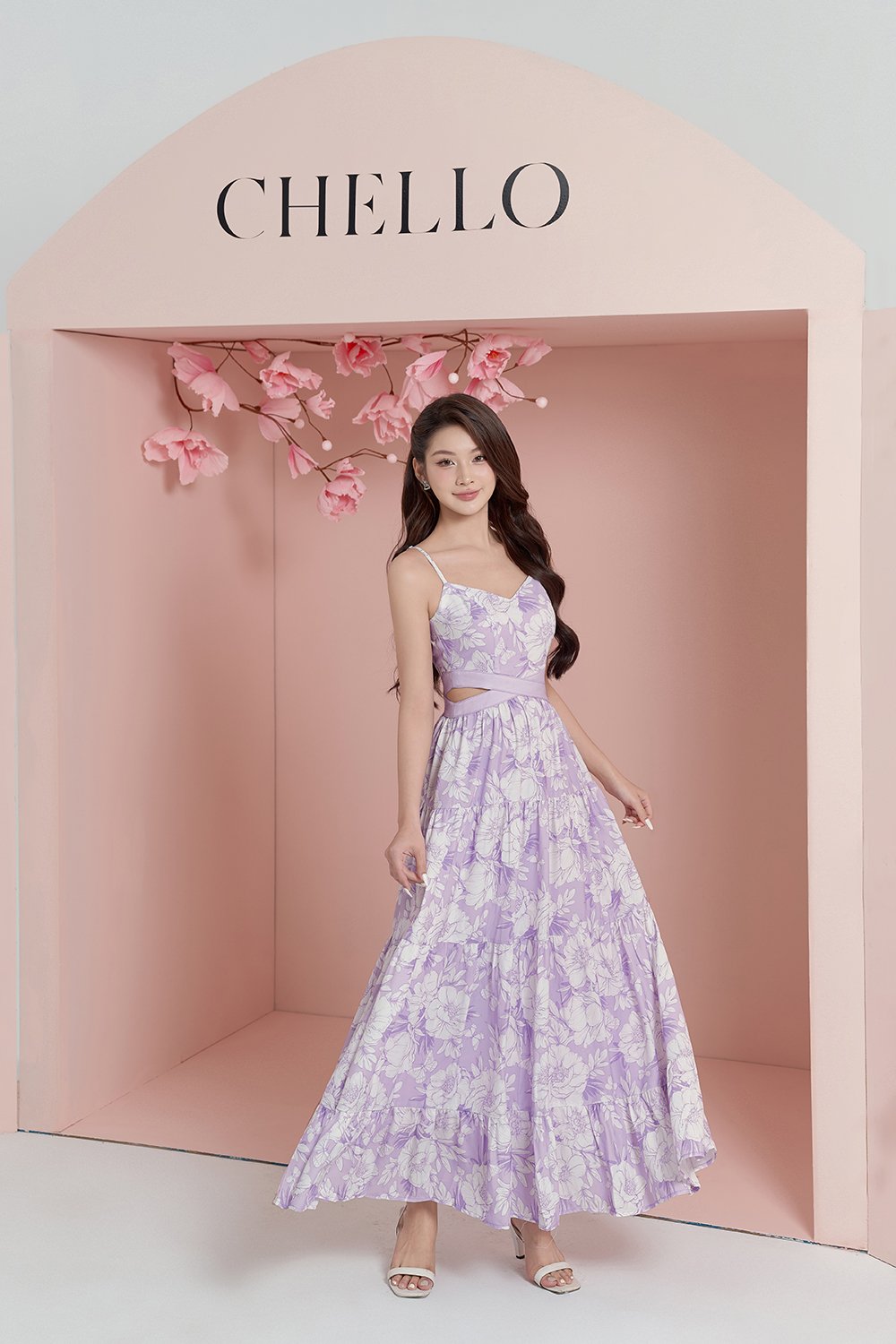 Scarlett Cut-Out Maxi Dress in French Lilac Blooming Garden Print