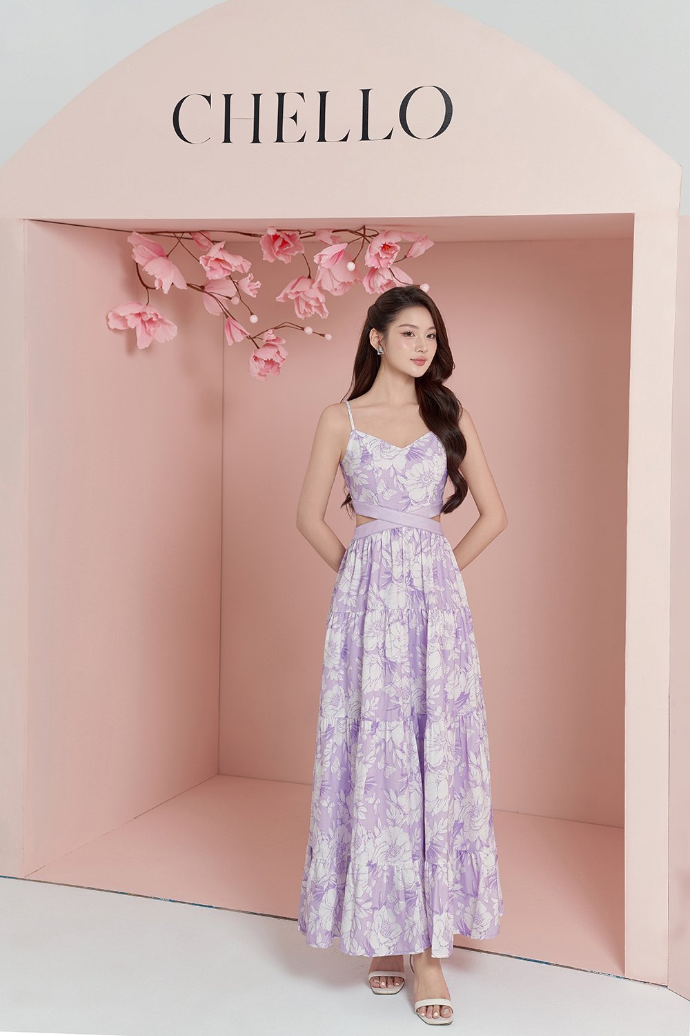Scarlett Cut-Out Maxi Dress in French Lilac Blooming Garden Print