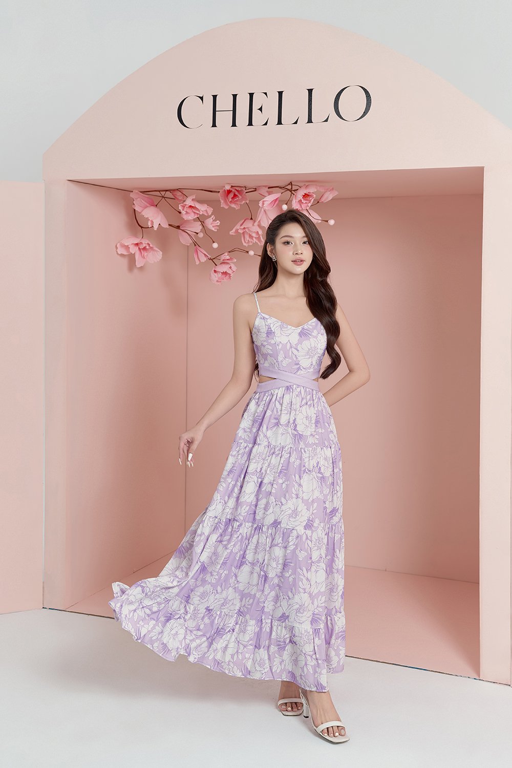 Scarlett Cut-Out Maxi Dress in French Lilac Blooming Garden Print