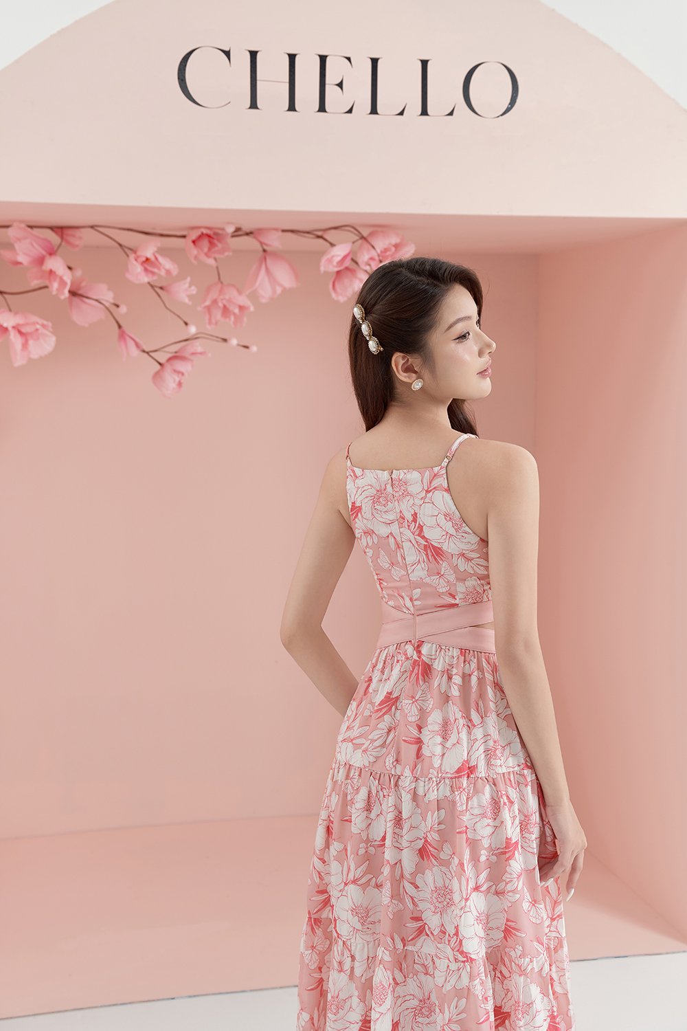 Scarlett Cut-Out Maxi Dress in French Rose Blooming Garden Print