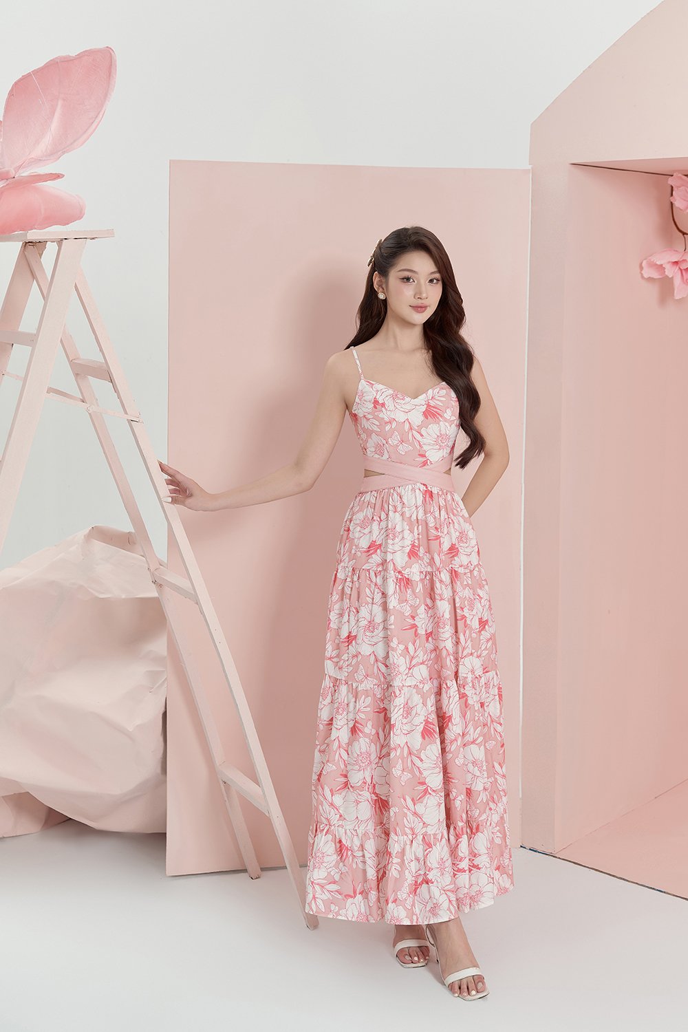 Scarlett Cut-Out Maxi Dress in French Rose Blooming Garden Print