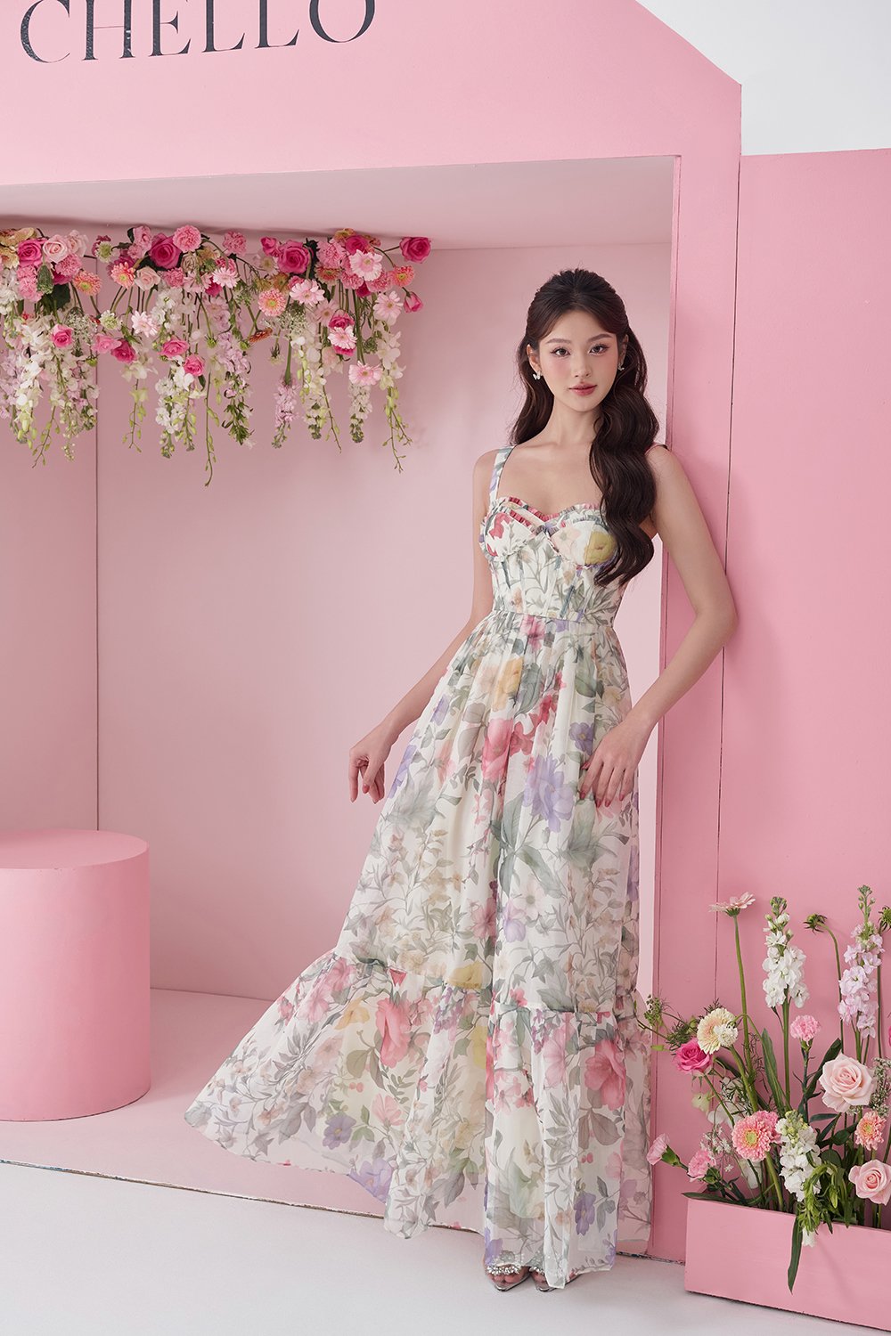 Teodora Corset Printed Maxi Dress in English Summer Garden