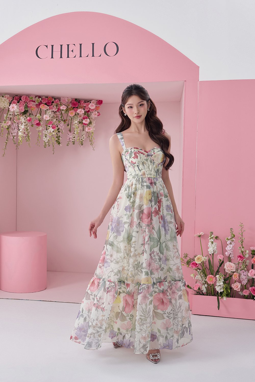 Teodora Corset Printed Maxi Dress in English Summer Garden