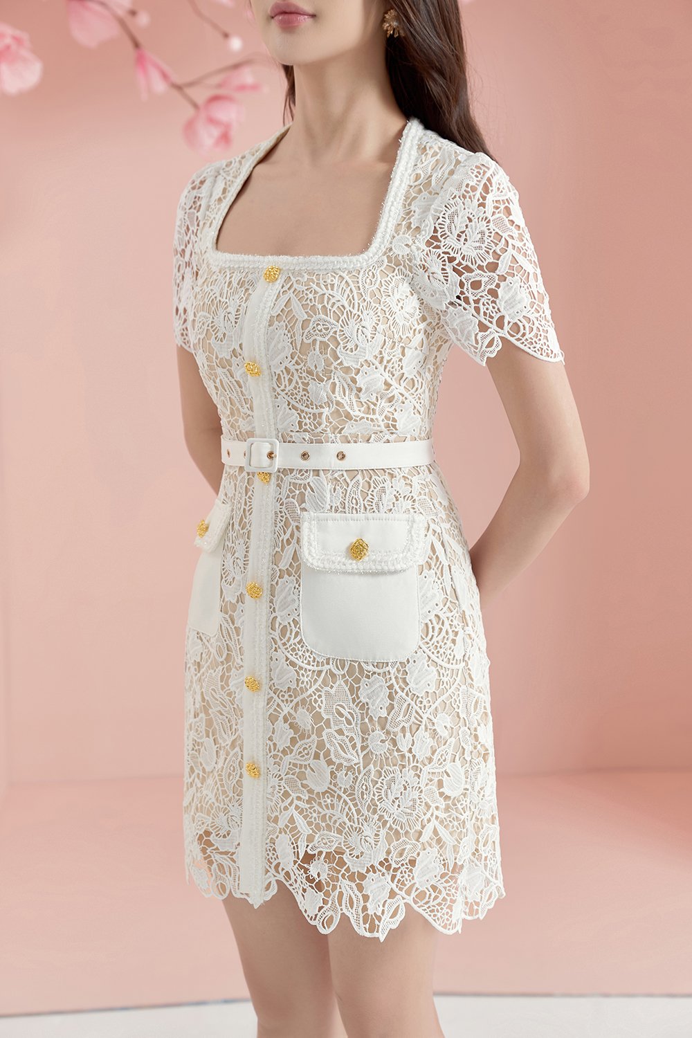 Trinity Crochet Lace Belted Mini Dress in Iconic White