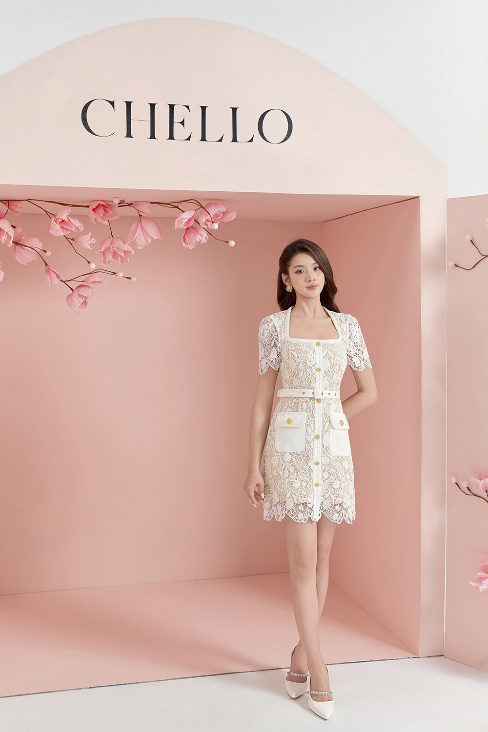 Trinity Crochet Lace Belted Mini Dress in Iconic White