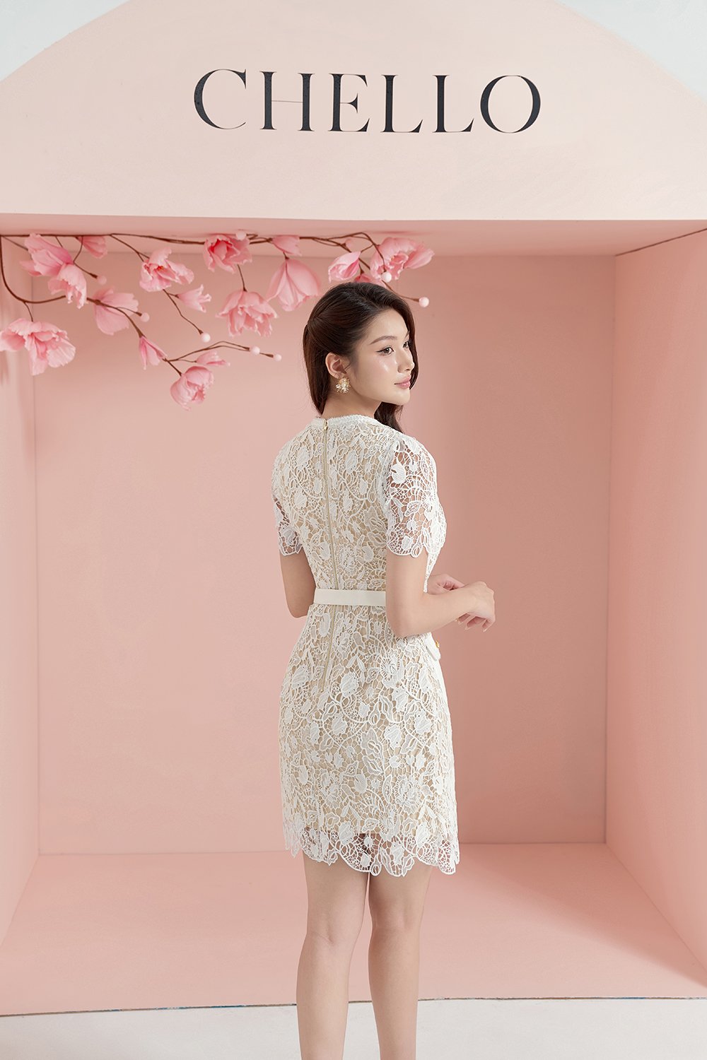 Trinity Crochet Lace Belted Mini Dress in Iconic White