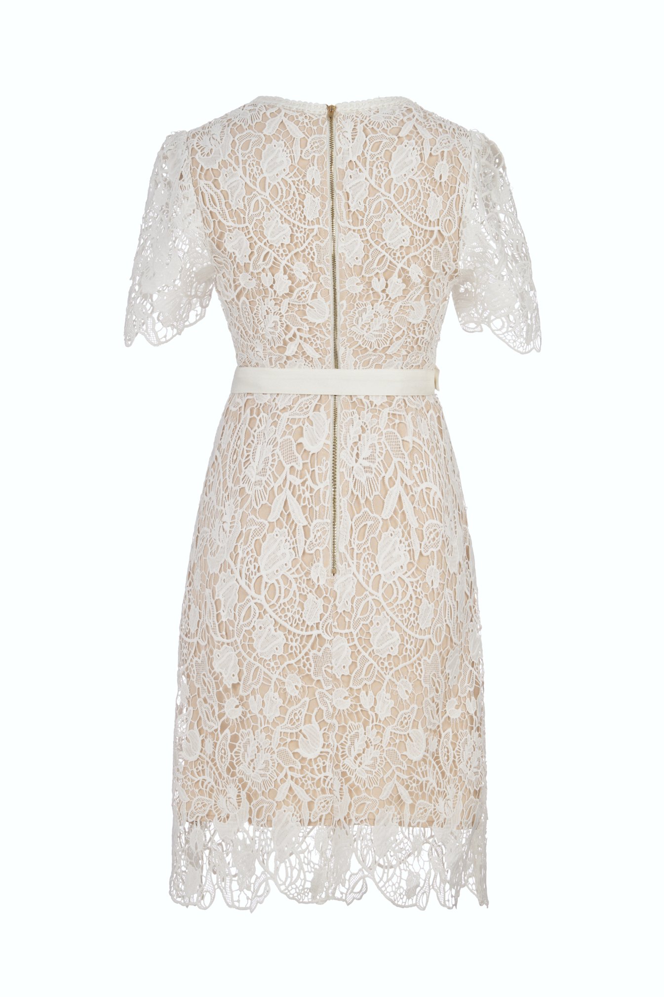Trinity Crochet Lace Belted Mini Dress in Iconic White