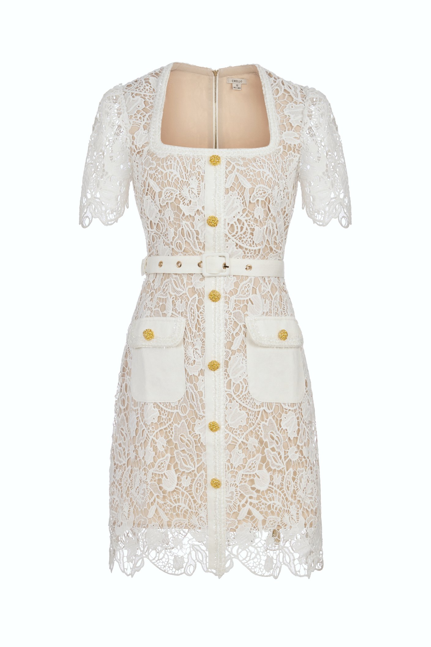 Trinity Crochet Lace Belted Mini Dress in Iconic White