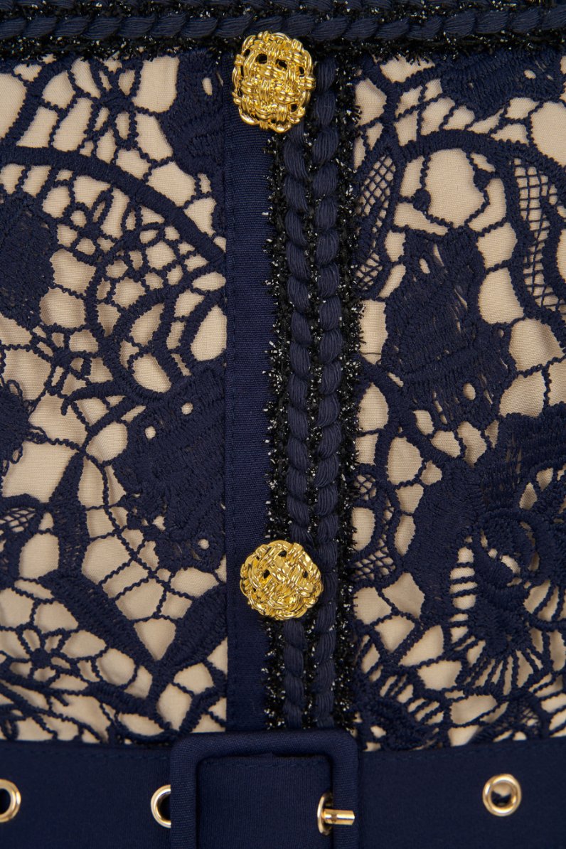 Trinity Crochet Lace Belted Mini Dress in Navy Blue