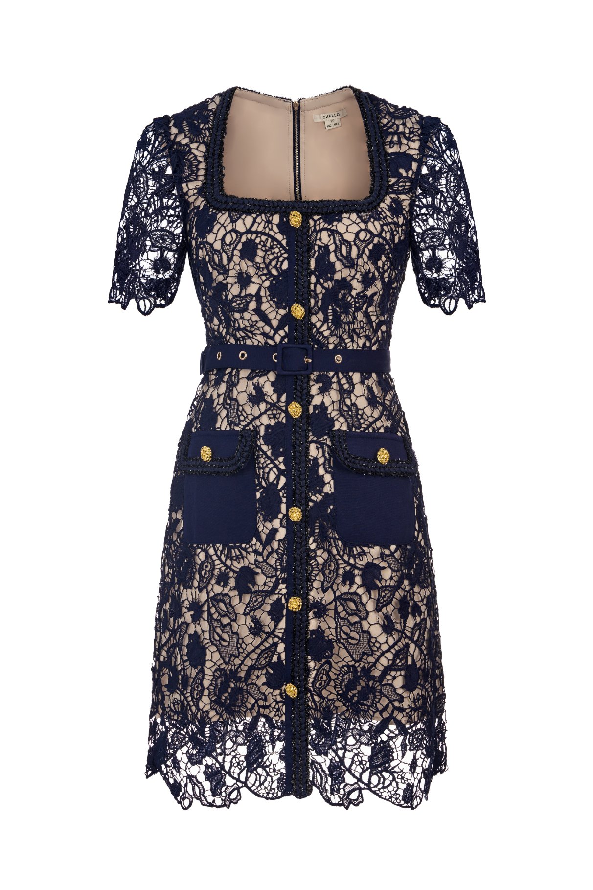 Trinity Crochet Lace Belted Mini Dress in Navy Blue