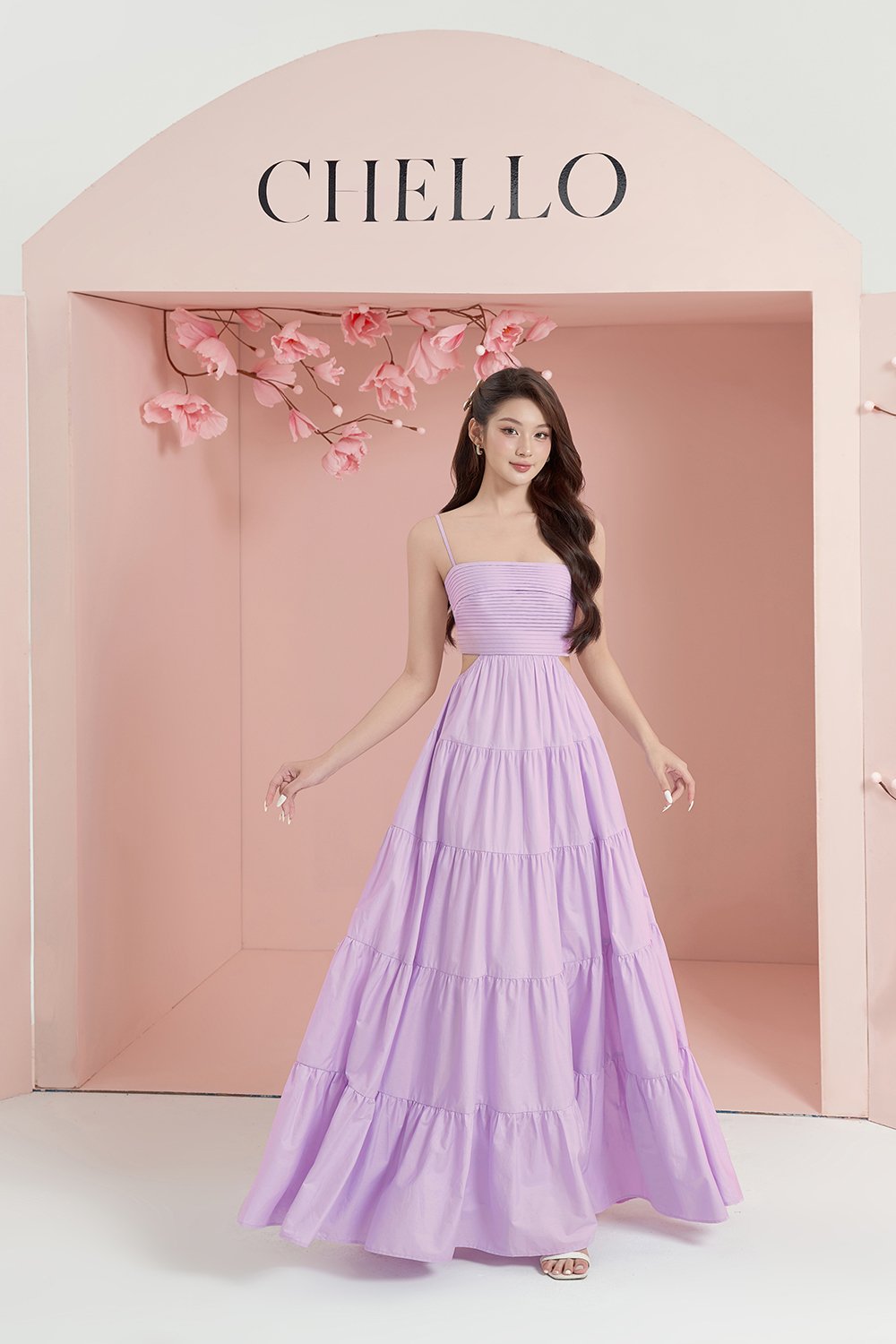 Xenia Pleated Cut-Out Maxi Dress in French Lilac