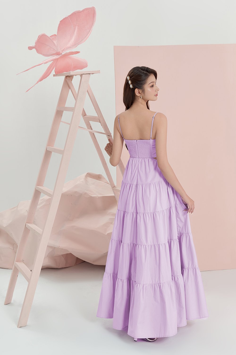 Xenia Pleated Cut-Out Maxi Dress in French Lilac