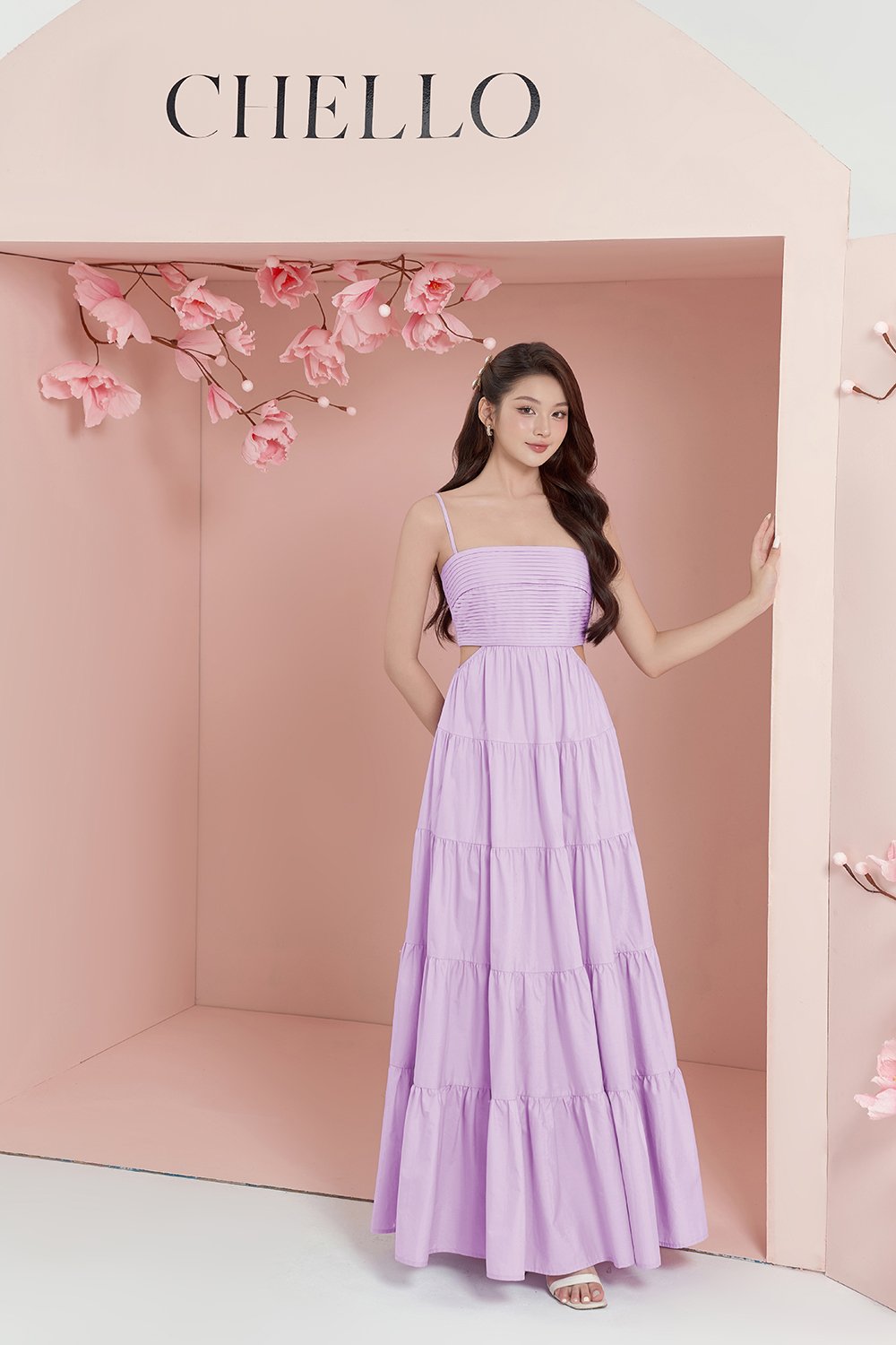 Xenia Pleated Cut-Out Maxi Dress in French Lilac