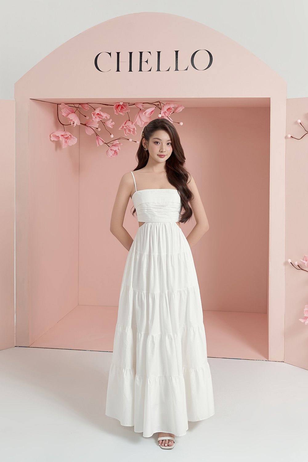 Xenia Pleated Cut-Out Maxi Dress in Iconic White