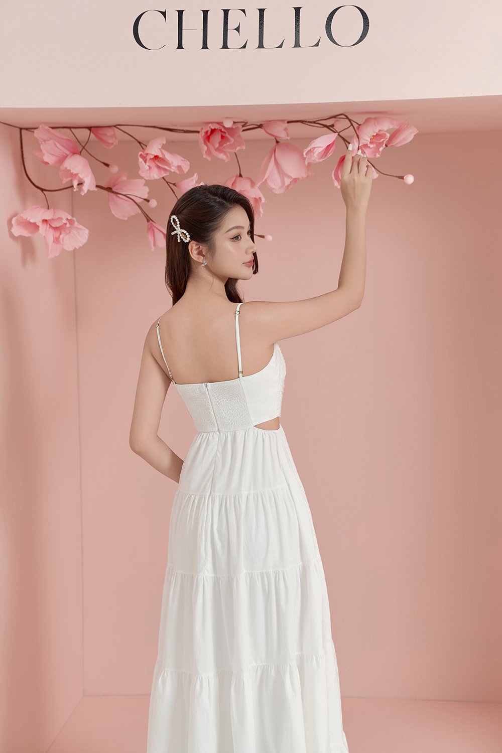 Xenia Pleated Cut-Out Maxi Dress in Iconic White