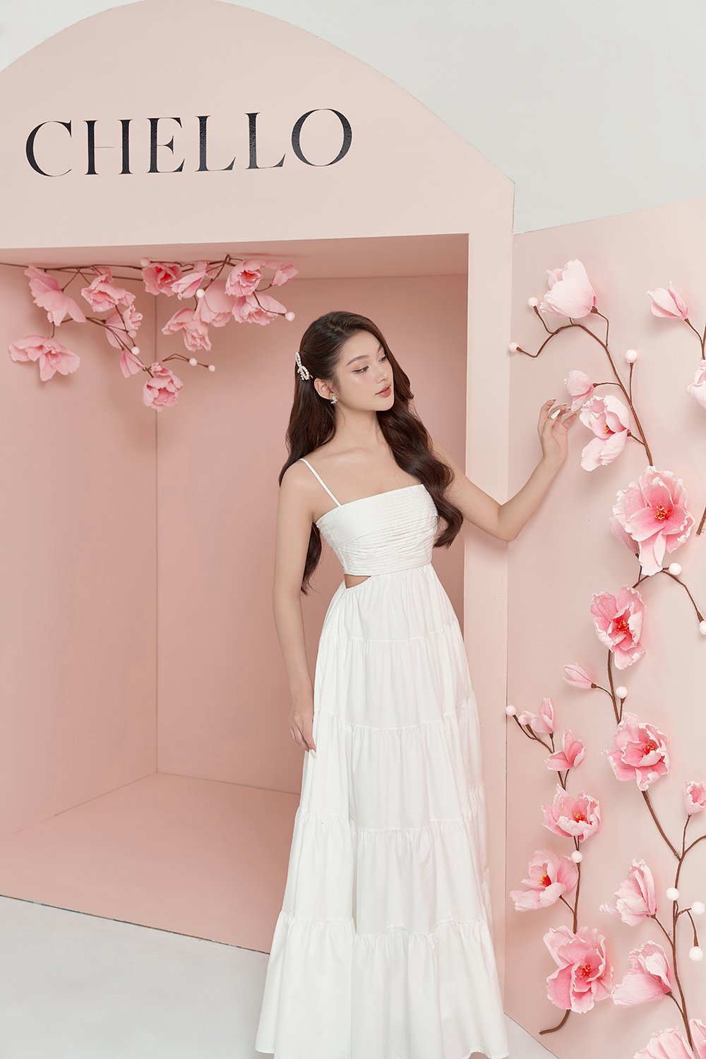 Xenia Pleated Cut-Out Maxi Dress in Iconic White