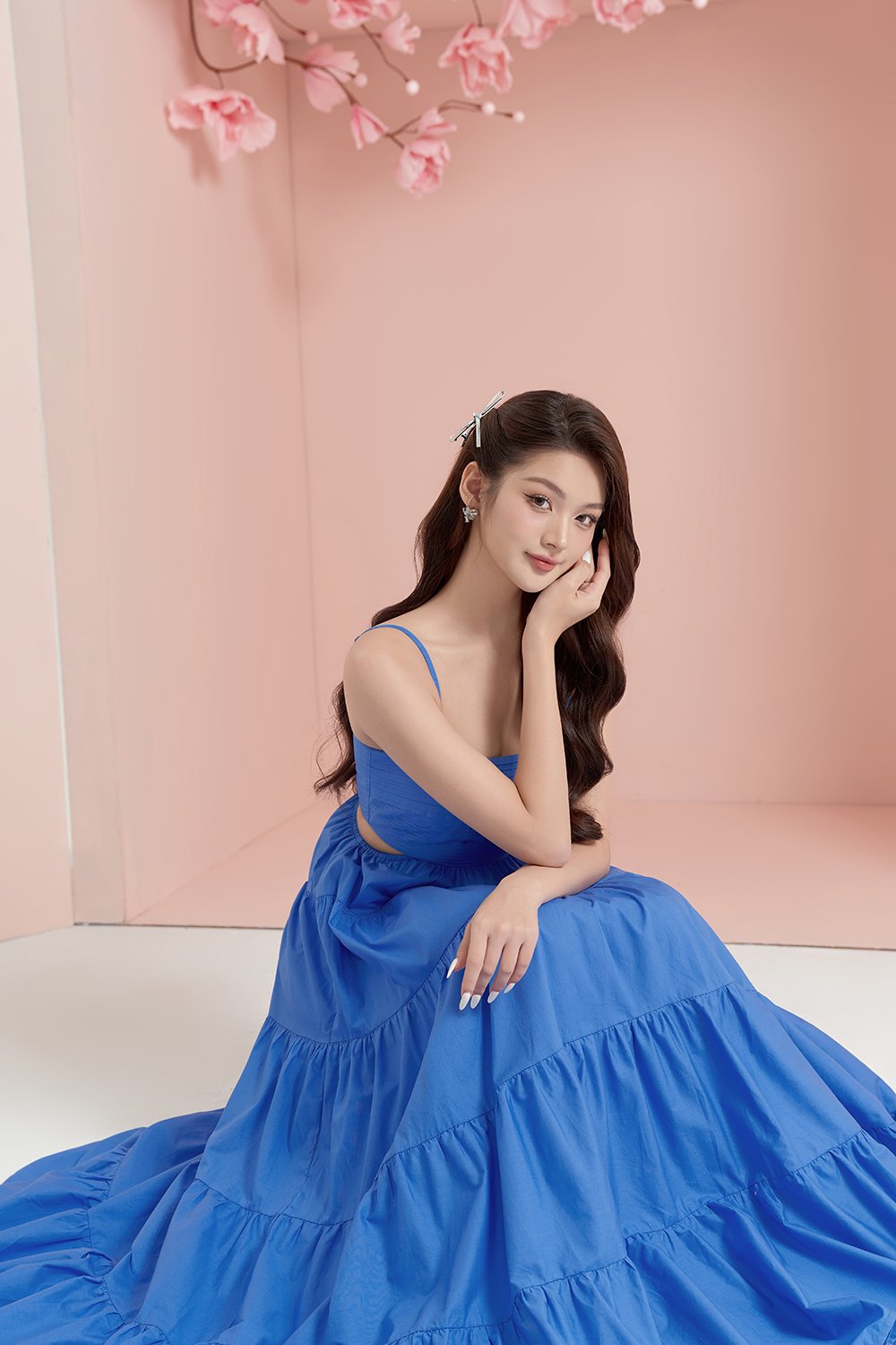 Xenia Pleated Cut-Out Maxi Dress in Sapphire Blue