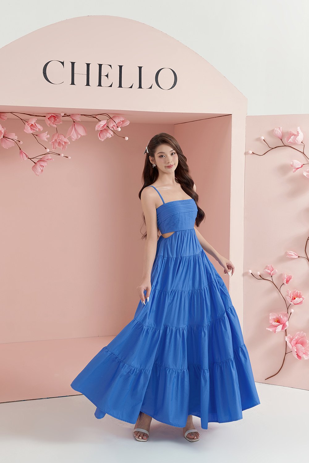 Xenia Pleated Cut-Out Maxi Dress in Sapphire Blue