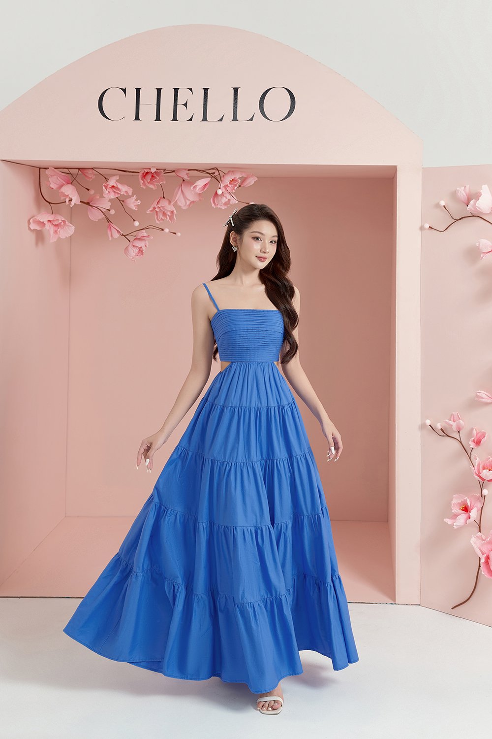 Xenia Pleated Cut-Out Maxi Dress in Sapphire Blue
