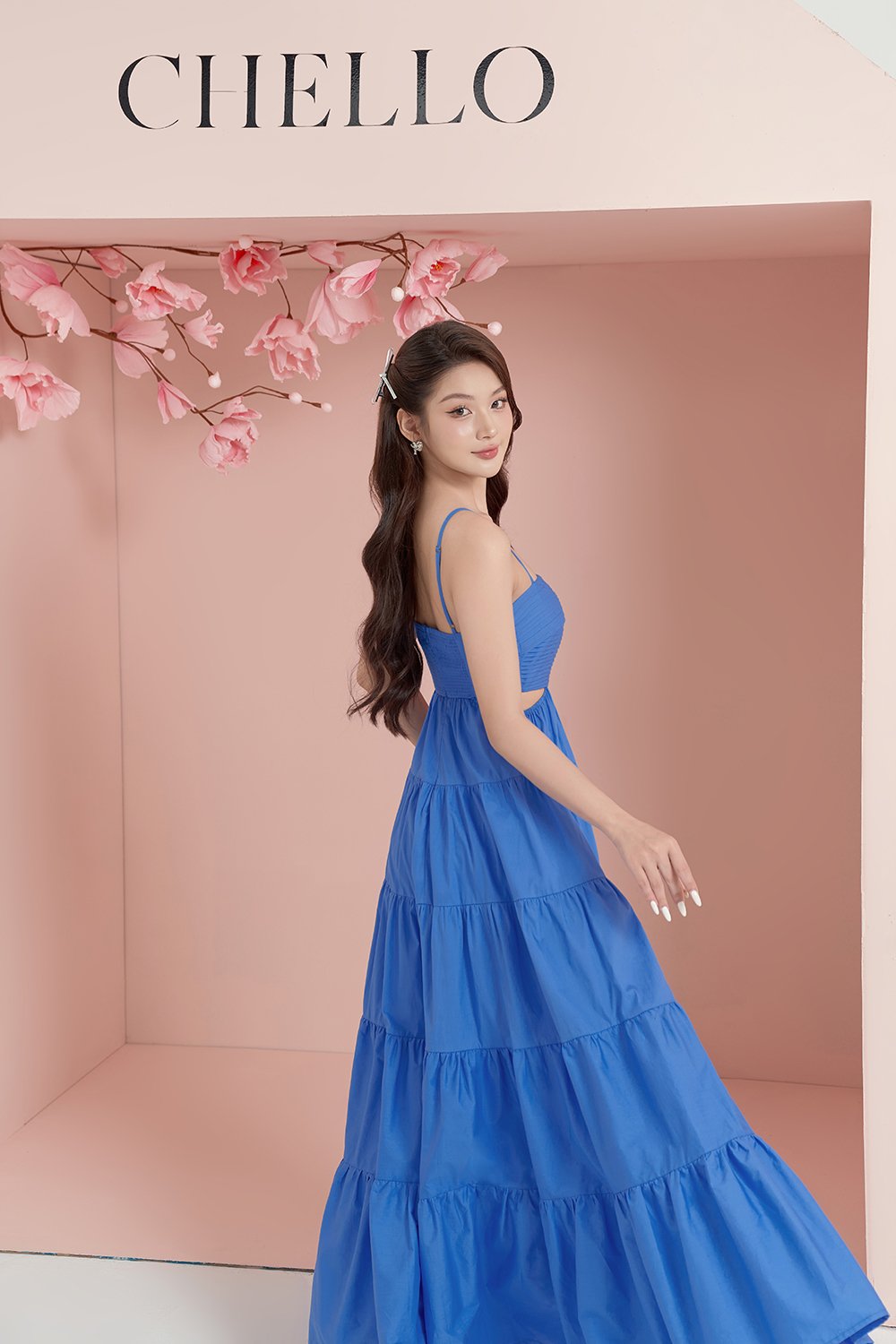 Xenia Pleated Cut-Out Maxi Dress in Sapphire Blue