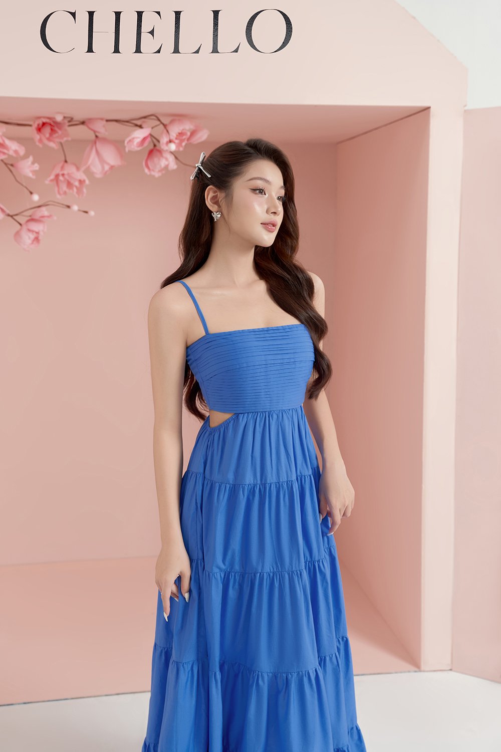 Xenia Pleated Cut-Out Maxi Dress in Sapphire Blue