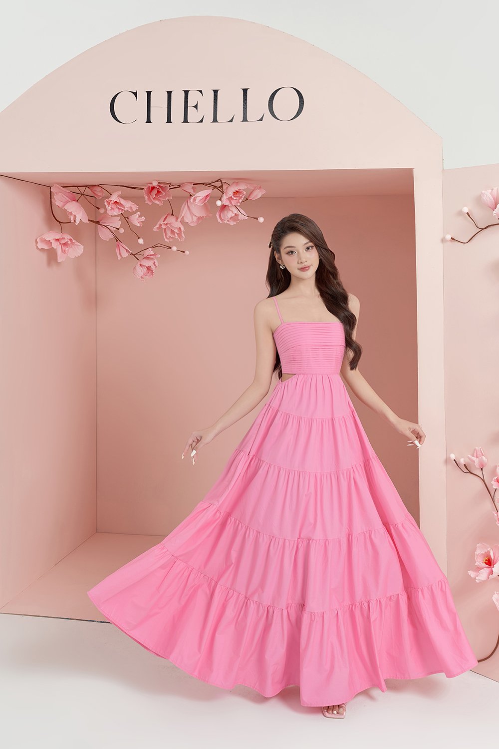 Xenia Pleated Cut-Out Maxi Dress in Taffy Pink