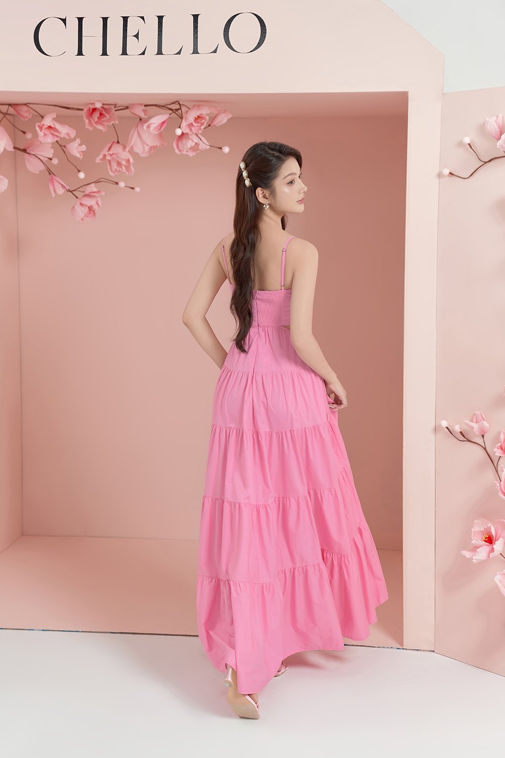 Xenia Pleated Cut-Out Maxi Dress in Taffy Pink