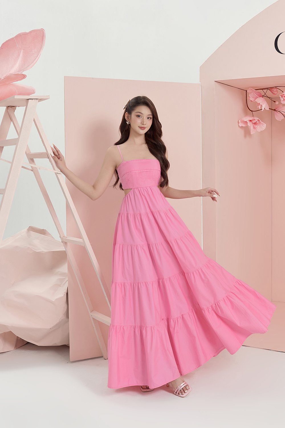 Xenia Pleated Cut-Out Maxi Dress in Taffy Pink