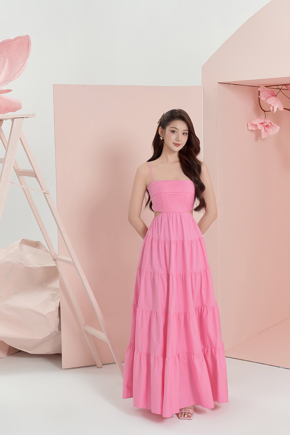Xenia Pleated Cut-Out Maxi Dress in Taffy Pink